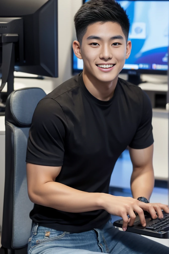 ((realistic daylight)) , Young Korean man in only a black sports shirt, no stripes, and jeans., A handsome, muscular young Asian man looks at the camera. , In a computer shop ,turn sideways, smile