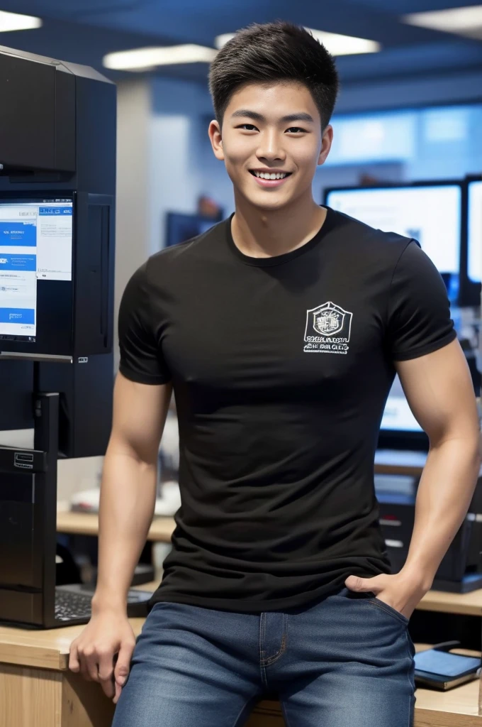 ((realistic daylight)) , Young Korean man in only a black sports shirt, no stripes, and jeans., A handsome, muscular young Asian man looks at the camera. , In a computer shop ,turn sideways, smile