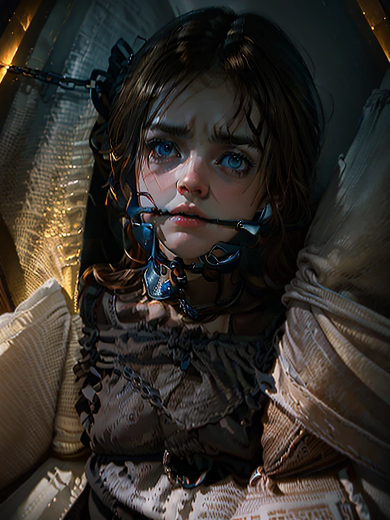 A beautiful young girl, restrained in bed with handcuffs and chains, intense expression, detailed facial features, porcelain skin, golden hair, dramatic lighting, dark moody atmosphere, cinematic composition, photorealistic, 8k, masterpiece, chiaroscuro lighting