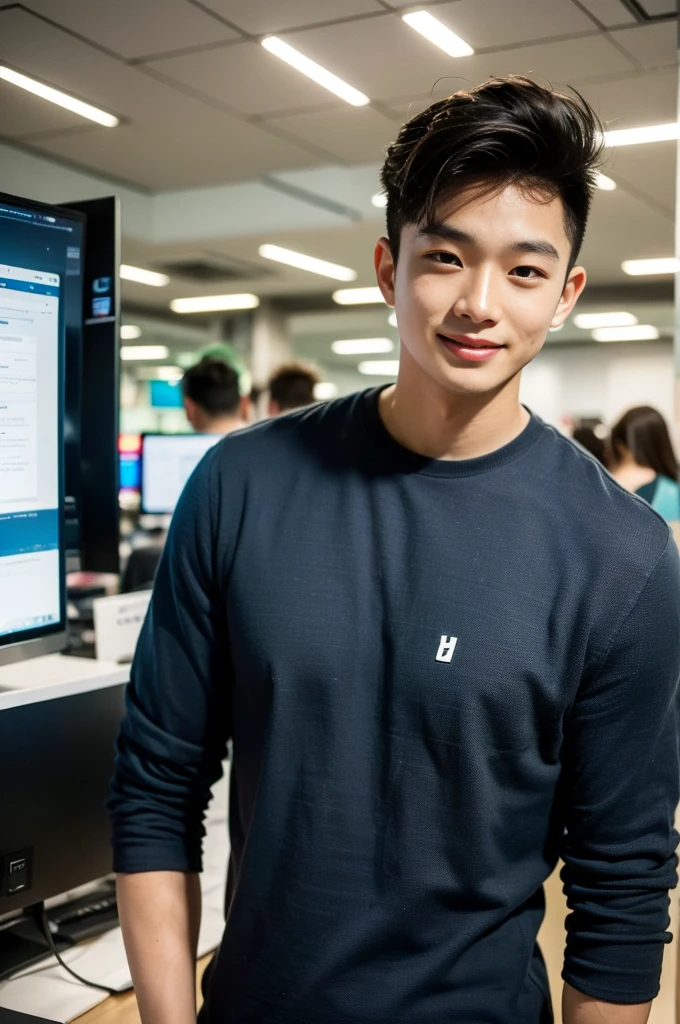 ((realistic daylight)) , Young Korean man in only a black sports shirt, no stripes, and jeans., A handsome, muscular young Asian man looks at the camera. , In a computer shop ,turn sideways, smile