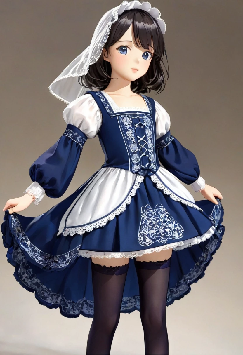 10 year old girl underwear, Realistic panties and bloomers made from patterned cotton fabric, A vibrant dark blue one-piece medieval dress with white embroidery and panniers, Fabric Realism, Low - Angle, You can see the drawer, Pull up the dress by hand, Strong winds, Translucent slip, Translucent slip, tights, Highest quality, Crotch close-up, whole body, Skirt lining