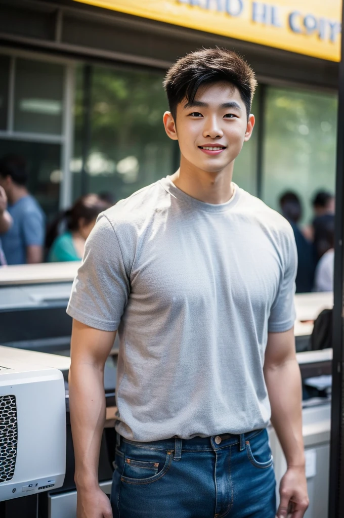 ((realistic daylight)) , Young Korean man in only a black sports shirt, no stripes, and jeans., A handsome, muscular young Asian man looks at the camera. , In a computer shop ,turn sideways, smile