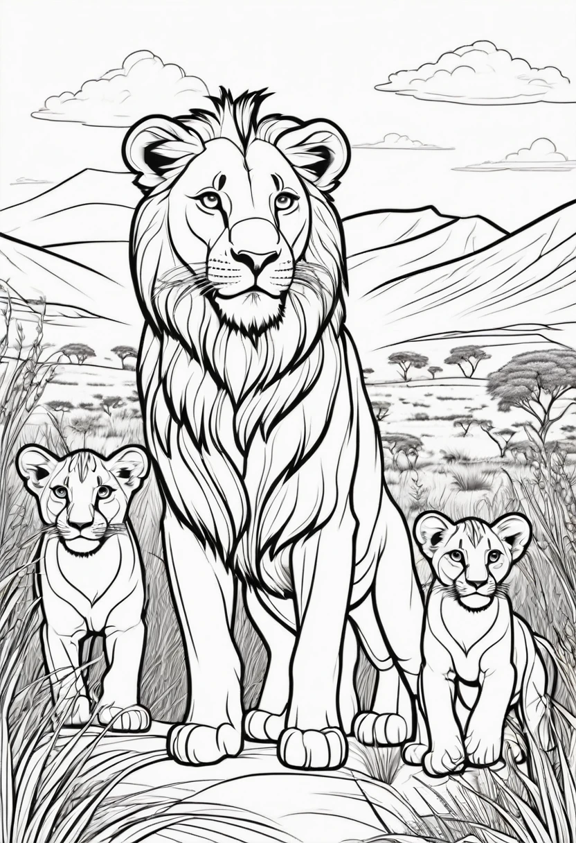 Coloring page for kids, Lion with 2 cheetah cubs in the grassy highlands of Africa with many bushes, cartoon style, linhas grossas