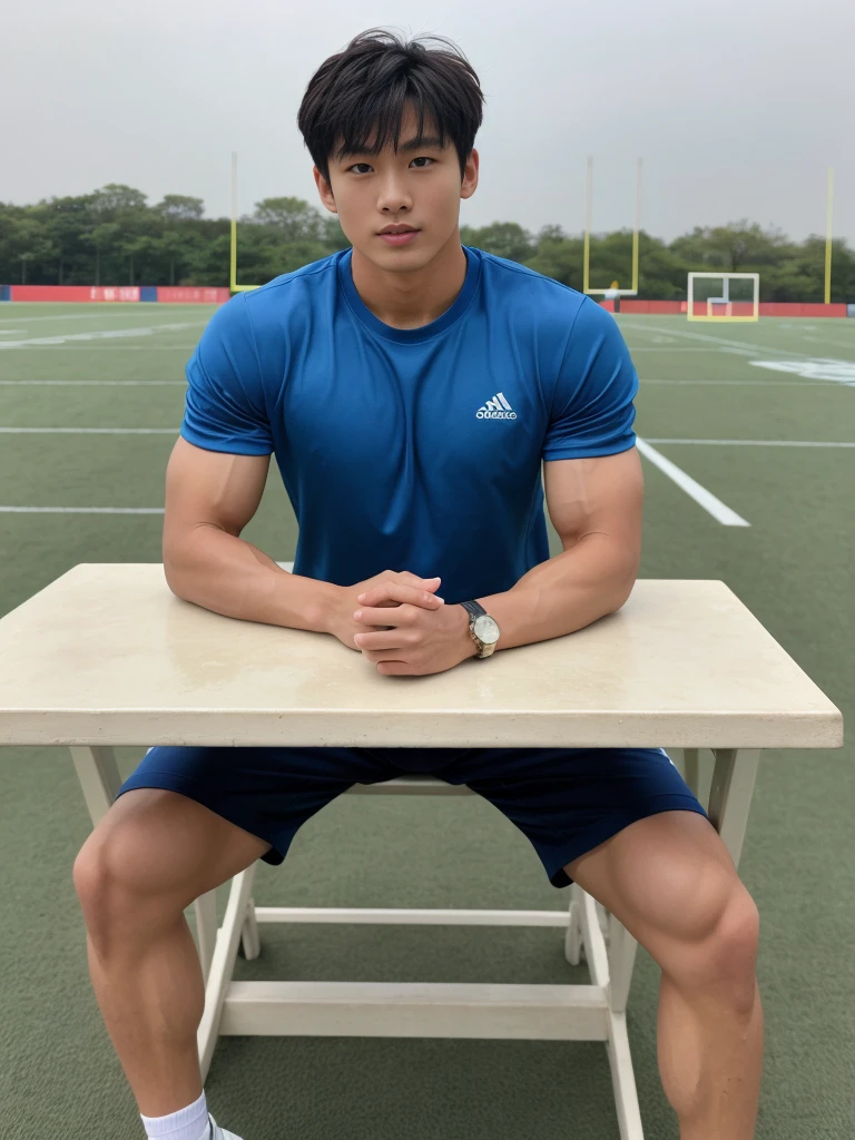 独奏: 1.5, (As a matter of fact, Masterpiece, 8k HD, good light quality, sportswear, fit the face, complicated details), A handsome, muscular young Korean man sits at a table, with muscular arms. , 20 years old, be happy, detailed face, delicate eyes, look at the sky, Wear a tight blue t-shirt.:1.6 , jeans period, black eyes, Black hair color, ผมsmooth, smooth,Surreal,Superb details,Highest quality,real,Open your mouth to talk. , Close your eyes., (standing in the football field:1.1)
