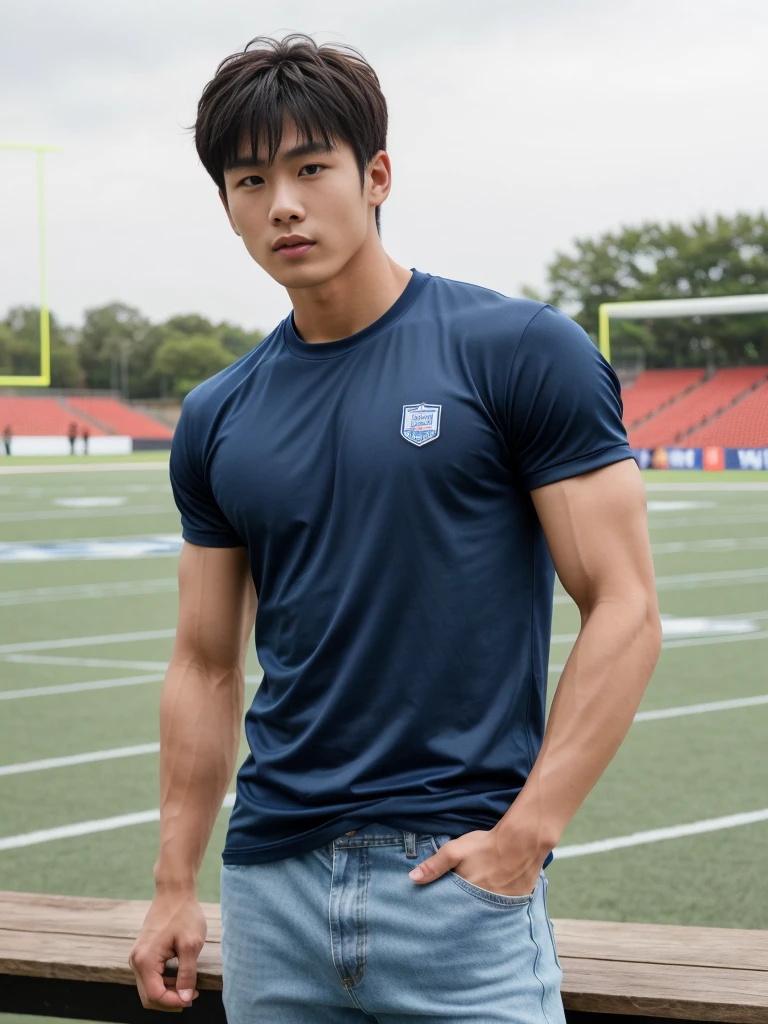 独奏: 1.5, (As a matter of fact, Masterpiece, 8k HD, good light quality, sportswear, fit the face, complicated details), A handsome, muscular young Korean man sits at a table, with muscular arms. , 20 years old, be happy, detailed face, delicate eyes, look at the sky, Wear a tight blue t-shirt.:1.6 , jeans period, black eyes, Black hair color, ผมsmooth, smooth，Surreal，Superb details，Highest quality，real，Open your mouth to talk. , Close your eyes., (standing in the football field:1.1)