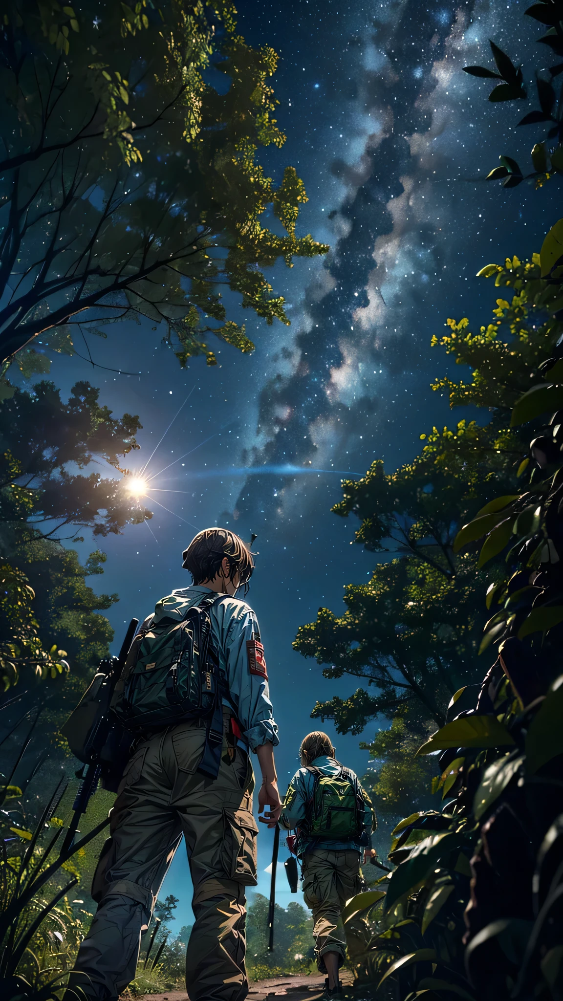 (from below:1.5), (Cinematic view), (Highest quality,4K,8k,High resolution,masterpiece:1.2),Super detailed,(Realistic,photoRealistic,photo-Realistic:1.37), (perfect ), (Perfect ratio of fingers to thumb), (Symmetrical face), ((Dense trees々A starry sky seen through the gaps)), (Predator-lurking tree々Dense jungle)Please draw a scene where someone searches for, (wet body), (Platoon-sized US Special Forces)teeth(Utilizing soldiers equipped with the latest weapons:1.5),While doing so, we will search for predators hiding deep in the jungle., (Soldiers Teeth(Assault rifle XM7)I will proceed while holding my)), (Bringing Teeth soldiers to the sky(Military twin-engine helicopter CH47)is hovering for its return.),The soldiers&#39; lonely battle begins.),(Express their tension and the terror of the jungle.), hoshizora