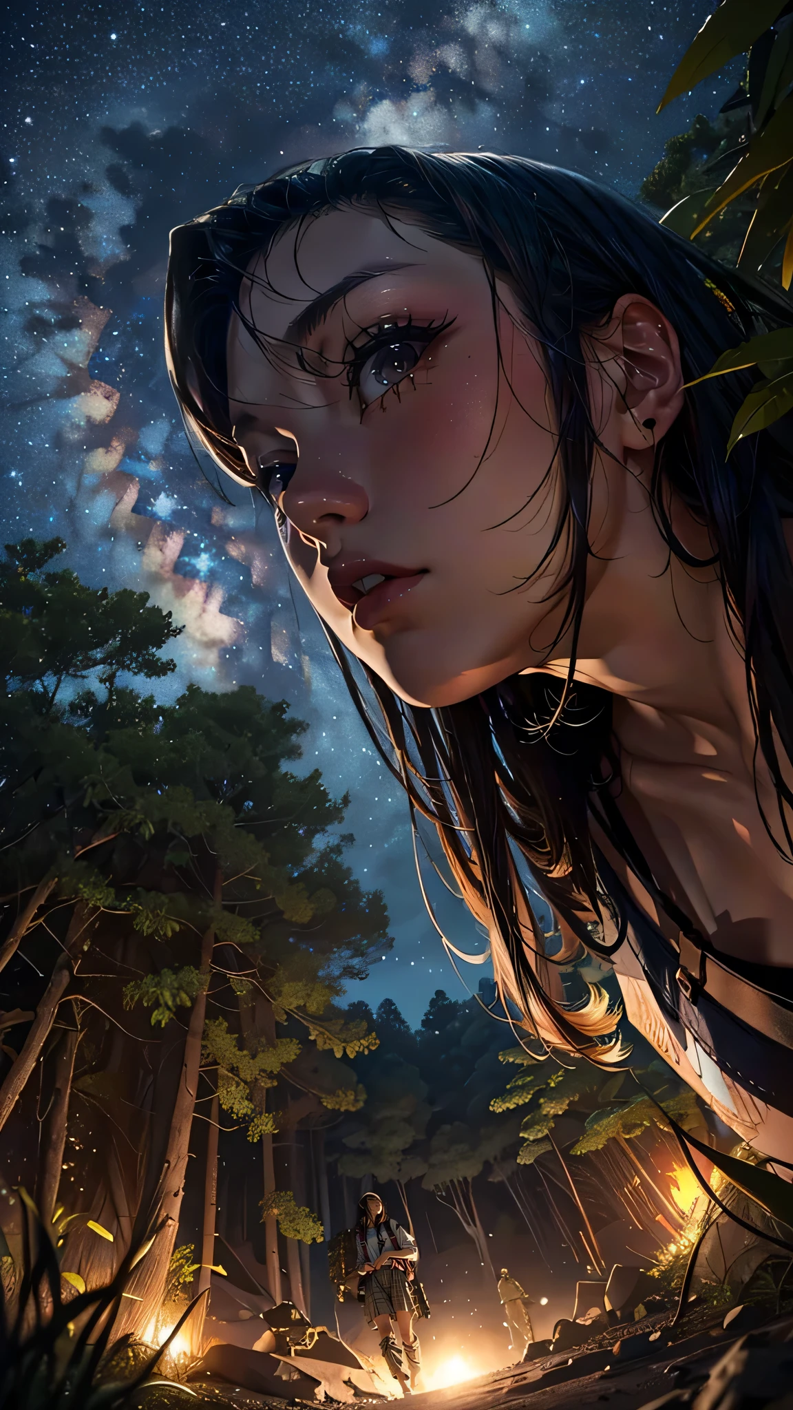 (from below:1.5), (Cinematic view), (Highest quality,4K,8k,High resolution,masterpiece:1.2),Super detailed,(Realistic,photoRealistic,photo-Realistic:1.37), (perfect ), (Perfect ratio of fingers to thumb), (Symmetrical face), ((Dense trees々A starry sky seen through the gaps)), (Predator-lurking tree々Dense jungle)Please draw a scene where someone searches for, (wet body), (Platoon-sized US Special Forces)teeth(Utilizing soldiers equipped with the latest weapons:1.5),While doing so, we will search for predators hiding deep in the jungle., (Soldiers Teeth(Assault rifle XM7)I will proceed while holding my)), (Bringing Teeth soldiers to the sky(Military twin-engine helicopter CH47)is hovering for its return.),The soldiers&#39; lonely battle begins.),(Express their tension and the terror of the jungle.), hoshizora