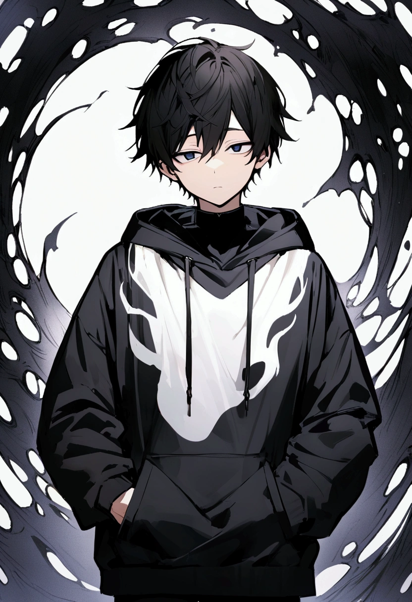 Handsome 18 year old boy、wearing a white and black hoodie、The background is pure white.、black fur、slanted eyes