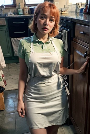 woman with sad look, mujer con lagrimas for the largo, for the largo, for the , makeup smeared, open mouth, with apron, in a kitchen, green skirt, showing her panties.