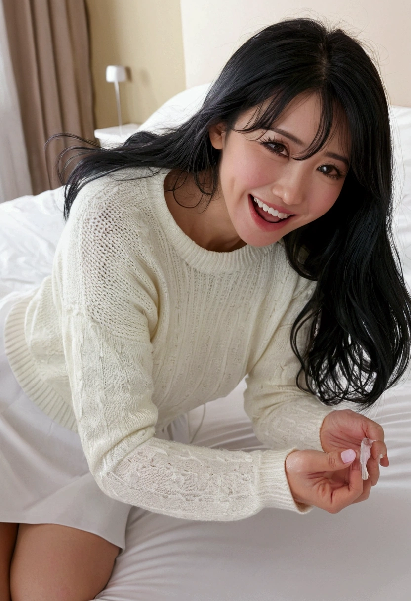 woman sucking penis hardly on bed,hyperrealistic anime,mature woman,blowjob,shaking effect,black hair,saliva,white sweater, long flare-skirt,pov blowjob, on bed,look at viewer,(smiling eyes),wet eyes