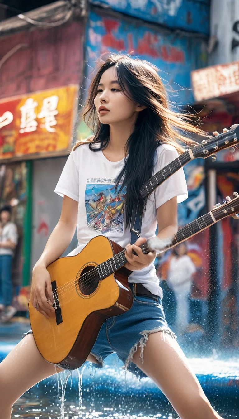 A low-angle photograph captures a beautiful young woman of Thai-Chinese descent with long black hair flowing in the wind. She is wearing cowboy boots and playing an electric guitar. Dressed in a white T-shirt and short denim shorts, she tilts her head skyward, passionately engrossed in her guitar performance. Surrounding her is a spray of water with a holographic golden stream sparkling and flowing around her in rhythm with the music.\n\nThe background features a wall adorned with vibrant and surreal street art, showcasing expressive patterns and bright colors, adding life and dynamism to the entire scene.