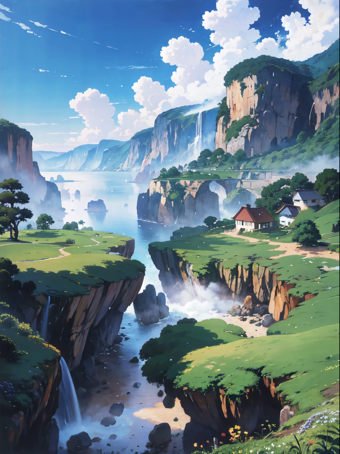 Practical, for real, Beautiful and stunning landscape oil painting Hayao Miyazaki Studio Ghibli'Petal grassland with blue sky and white clouds--v6