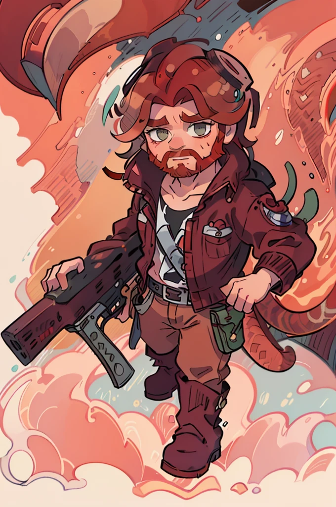 Red-haired dwarf man dressed as a cowboy with a big red beard, guns in each hand and leather boots. Snakes come out of guns.