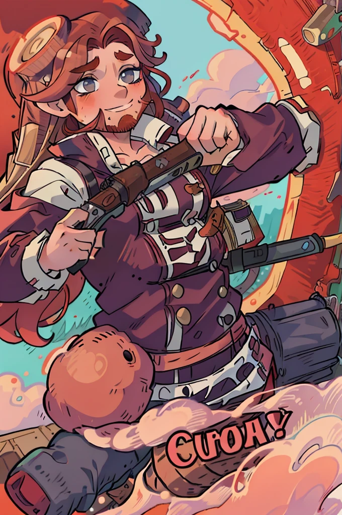 Red-haired dwarf man dressed as a cowboy with a big red beard, guns in each hand and leather boots. Snakes come out of guns.