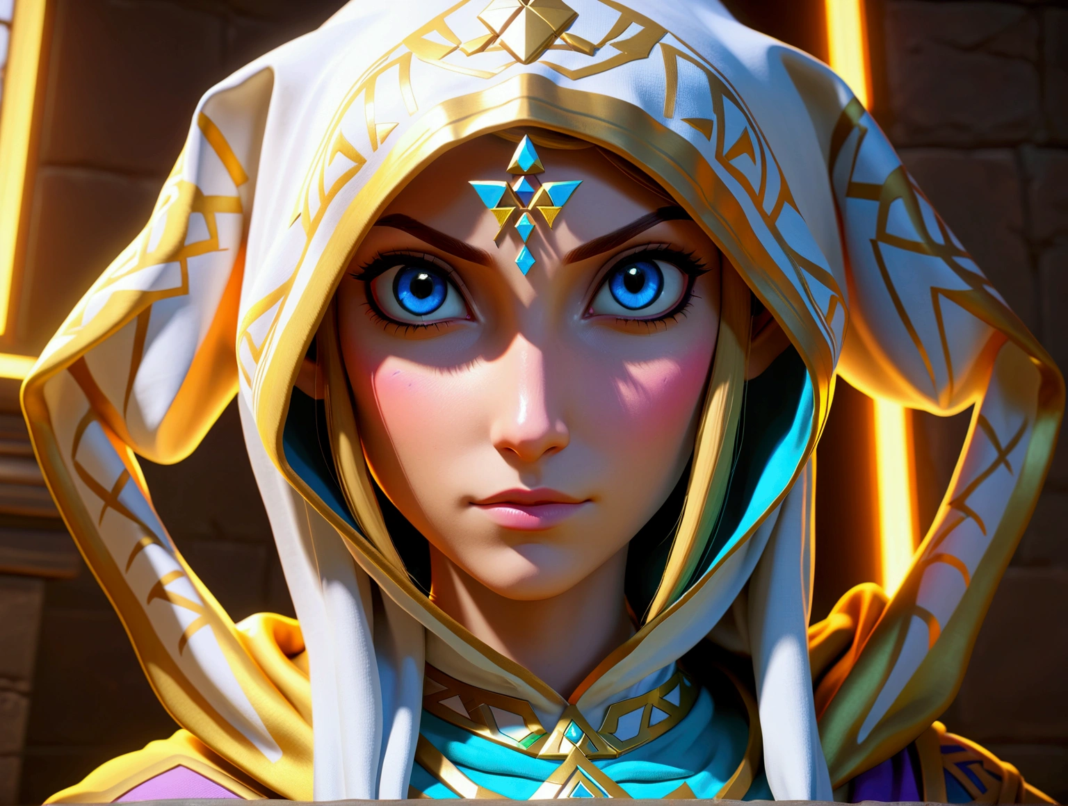 there is a woman with a hoodie on her head and a mirror, video game avatar, portrait of zelda, portrait of princess zelda, zelda, artgerm ; 3d unreal engine, symmetra from overwatch, a tshirt. blender art, zelda with triforce, ilya kuvshinov and artgerm, zelda style art
