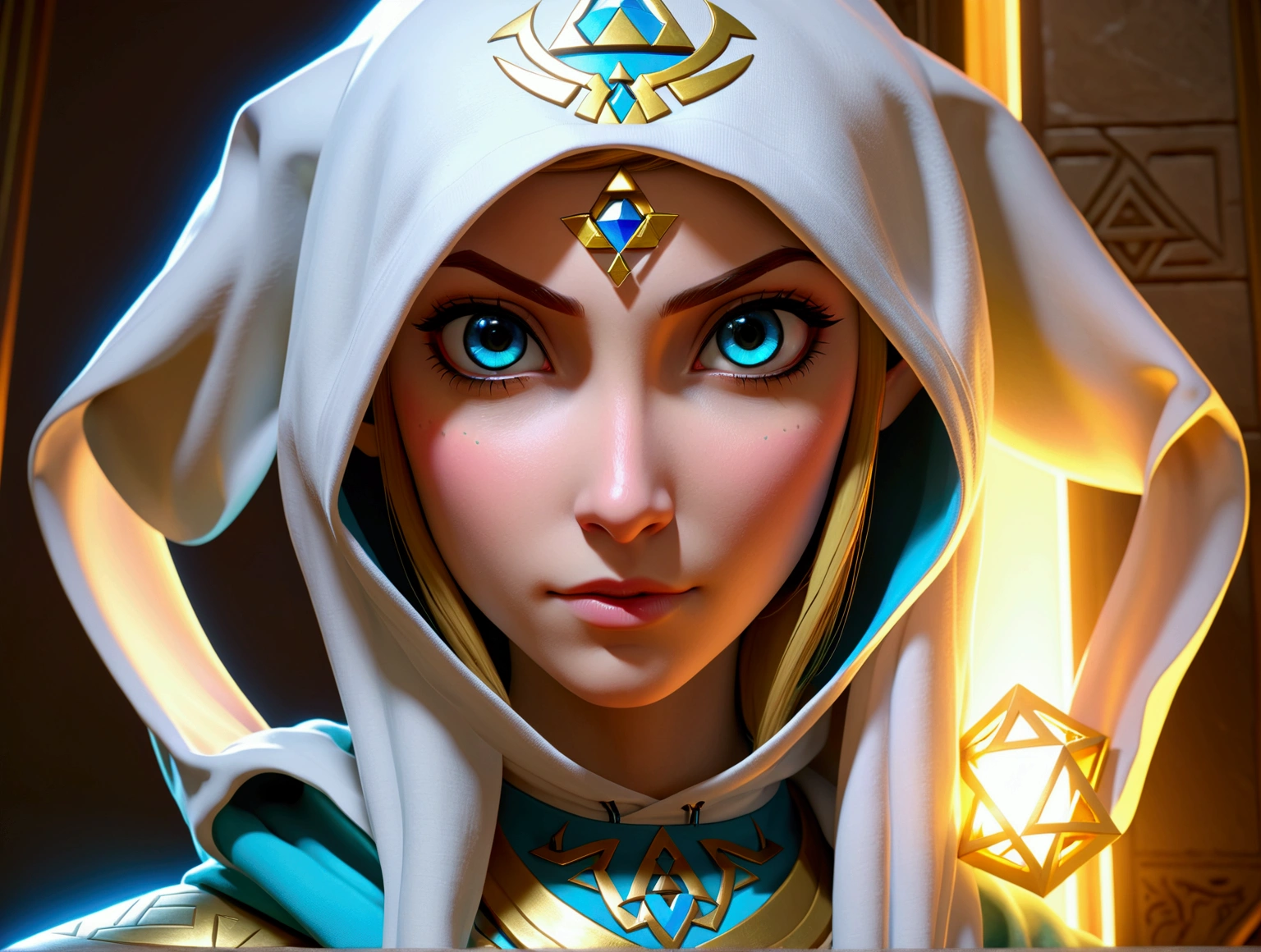 there is a woman with a hoodie on her head and a mirror, video game avatar, portrait of zelda, portrait of princess zelda, zelda, artgerm ; 3d unreal engine, symmetra from overwatch, a tshirt. blender art, zelda with triforce, ilya kuvshinov and artgerm, zelda style art