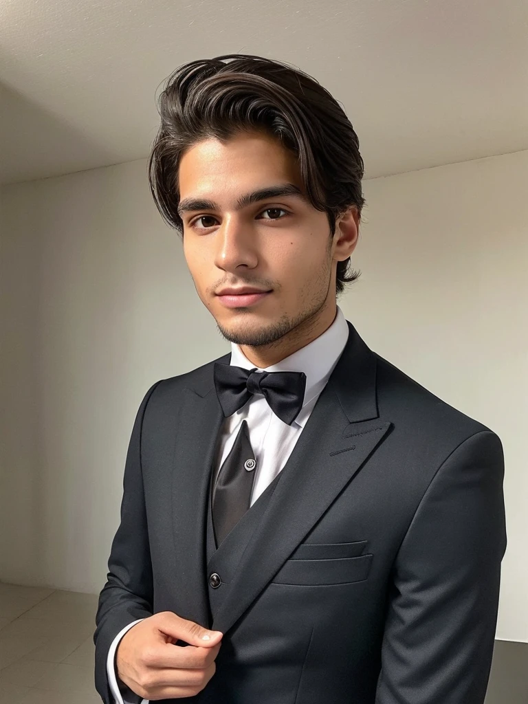 22-year-old Brazilian man in a suit with his hand in his pocket, short hair without beard, no quarto selfie 🤳🏽 realista, and great quality