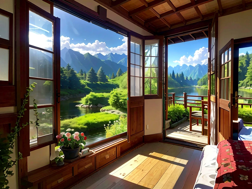 8K picture quality，Best quality，masterpiece，HD，Super rich detail，detailed，Comfortable bedroom，Large Windows，Floor-to-ceiling windows，big bed，There are pillows on the bed，Quilt，Essas roupas，notebook，There is a cabinet next to it，There are bookcases，There is a table，There are chairs，There are flowers，There is a wardrobe，There is carpet and it is generally comfortable，extremely clean，very useful，Large Windows，Outside the window is a landscape view，The scenery，There are various other flowers，and vegetable garden，There are a variety of vegetables inside，超HD真实感，Live photos，强烈的现实主义8K HD畫質，garden，river，forest，Takayama，Blue sky and white clouds，很多river, lake, rivers，And the mountains，Rural housing，Roses all over the mountains，roses all around，rose garden，Roses