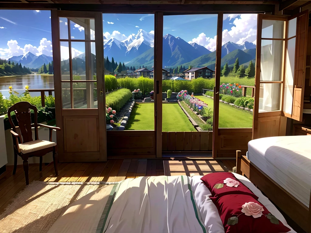 8K picture quality，Best quality，masterpiece，HD，Super rich detail，detailed，Comfortable bedroom，Large Windows，Floor-to-ceiling windows，big bed，There are pillows on the bed，Quilt，Essas roupas，notebook，There is a cabinet next to it，There are bookcases，There is a table，There are chairs，There are flowers，There is a wardrobe，There is carpet and it is generally comfortable，extremely clean，very useful，Large Windows，Outside the window is a landscape view，The scenery，There are various other flowers，and vegetable garden，There are a variety of vegetables inside，超HD真实感，Live photos，强烈的现实主义8K HD畫質，garden，river，forest，Takayama，Blue sky and white clouds，很多river, lake, rivers，And the mountains，Rural housing，Roses all over the mountains，roses all around，rose garden，Roses