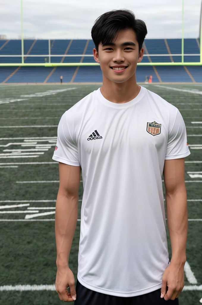 single: 1.5, (ที่TRUEแล้ว, Masterpiece, 8k HD, good light quality, sportswear, to fit the face, complicated details), A handsome Korean man with muscular arms.. , 20 years old, be happy, smile brightly, detailed face, delicate eyes, look at the sky, Wear a tight white t-shirt.:1.6 ., black eyes, Black hair color, ผมsmooth, smooth,SurTRUE,Excellent details,Highest quality,TRUE,Open your mouth to talk.. , Close your eyes.., (standing in the football field:1.5)