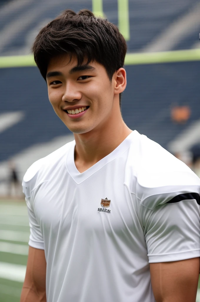 single: 1.5, (ที่TRUEแล้ว, Masterpiece, 8k HD, good light quality, sportswear, to fit the face, complicated details), A handsome Korean man with muscular arms.. , 20 years old, be happy, smile brightly, detailed face, delicate eyes, look at the sky, Wear a tight white t-shirt.:1.6 ., black eyes, Black hair color, ผมsmooth, smooth,SurTRUE,Excellent details,Highest quality,TRUE,Open your mouth to talk.. , Close your eyes.., (standing in the football field:1.5)