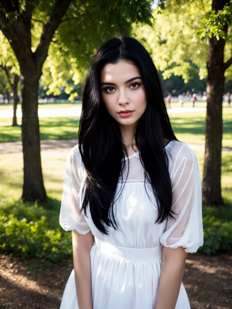 super realistic photography, close-up of a woman in a white dress, standing in the park, female with long black hair, girl with black hair, young woman with long dark hair, anna nikonova, woman with black hair, anastasia ovchinnikova, with black hair, with long black hair, Beautiful black hair, pale skinned Persian girl, Alina Ivanchenko