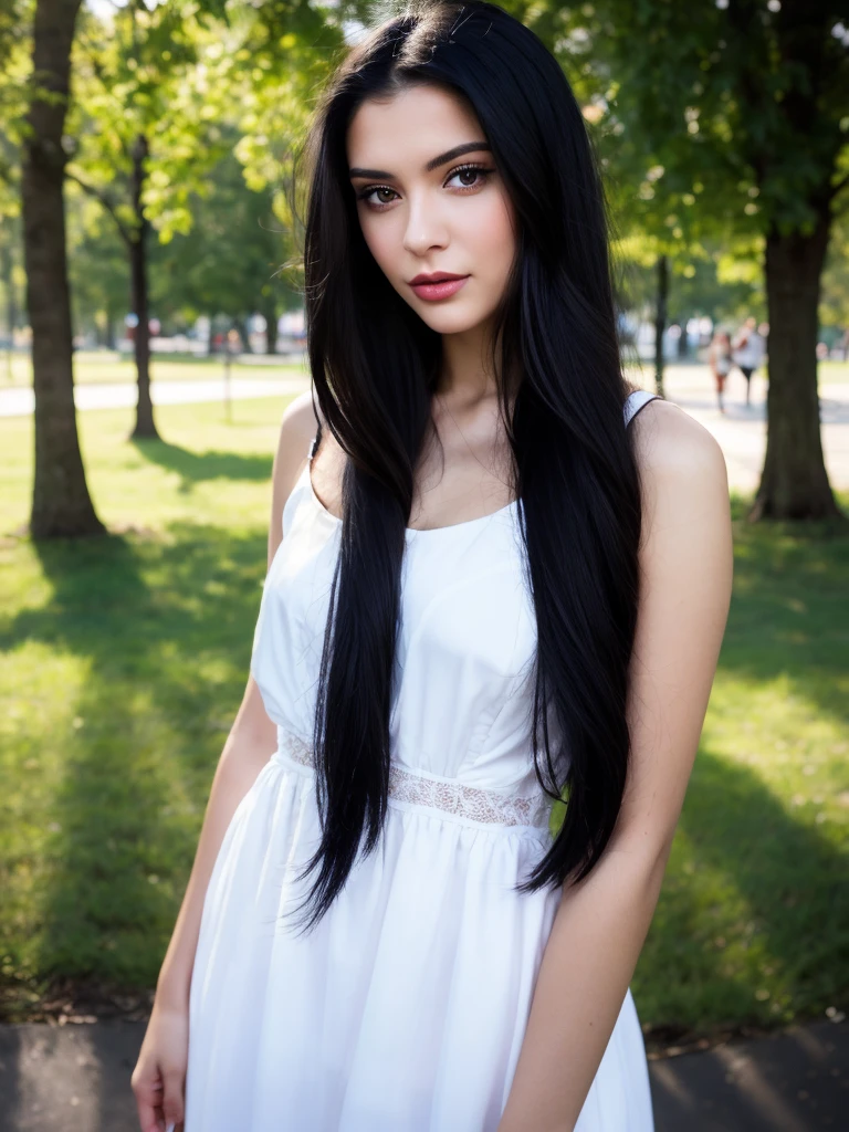 super realistic photography, close-up of a woman in a white dress, standing in the park, female with long black hair, girl with black hair, young woman with long dark hair, anna nikonova, woman with black hair, anastasia ovchinnikova, with black hair, with long black hair, Beautiful black hair, pale skinned Persian girl, Alina Ivanchenko