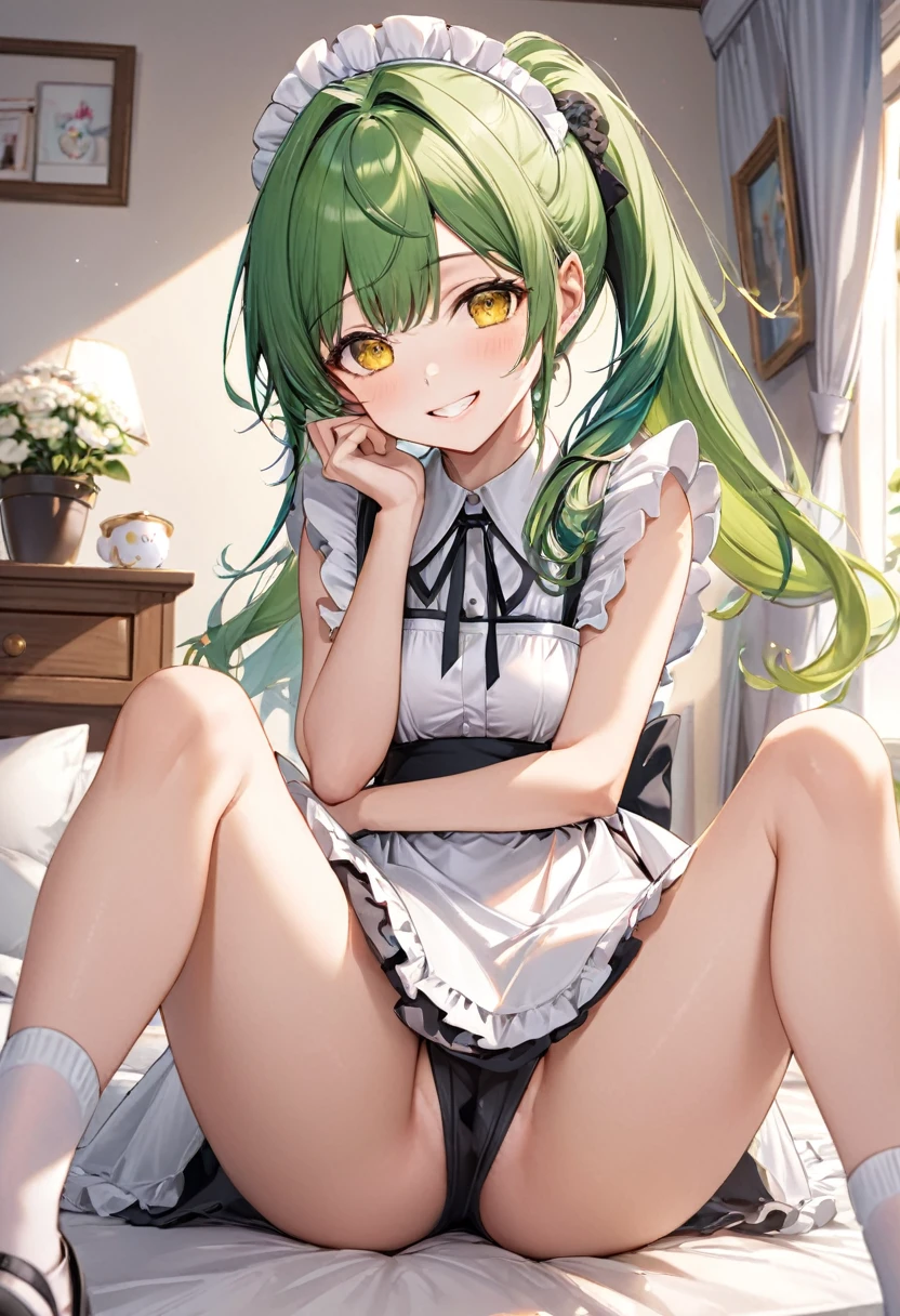 (Ladylike style) (sitting, , crossed ankles:1.2), (soro:2, 15 yo, ponygreen hair long hair cute girl, sexy yellow eyesrin smile, love smile, medium:1.3 tits), in a maid cls, break, in the cute bedroom, BREAK, perfect anatomy, masterpiece, best quality, 16k, beautiful detailed grow, daydreaming expression.