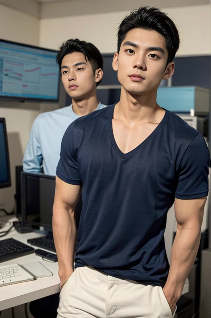A young Asian man stands, handsome, muscular, looking at the camera. In a simple navy blue T-shirt., In the computer room