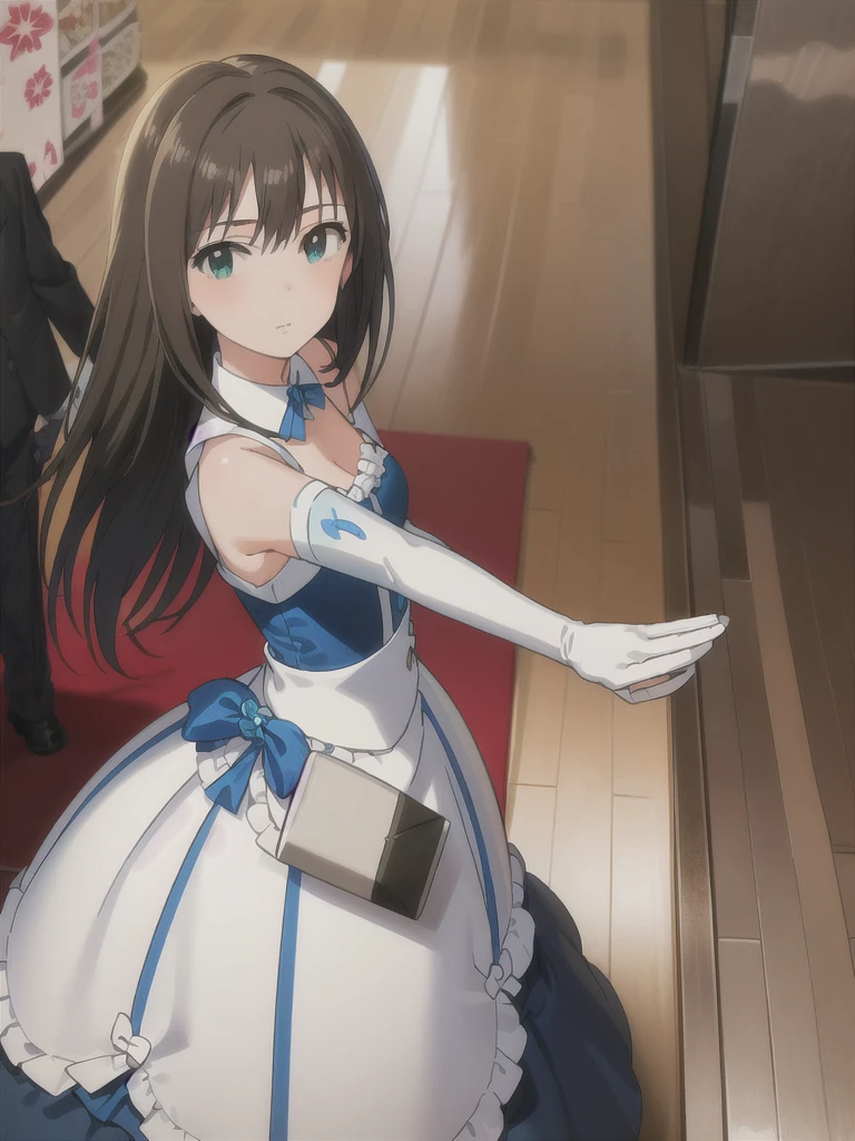 (in hotel, masterpiece, best quality:1.2), maid, 1girl, (holding baby, hold infant), waving hair, ((elbow gloves))