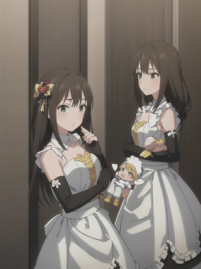 (in hotel, masterpiece, best quality:1.2), maid, 1girl, (holding baby, hold infant), waving hair, ((elbow gloves))