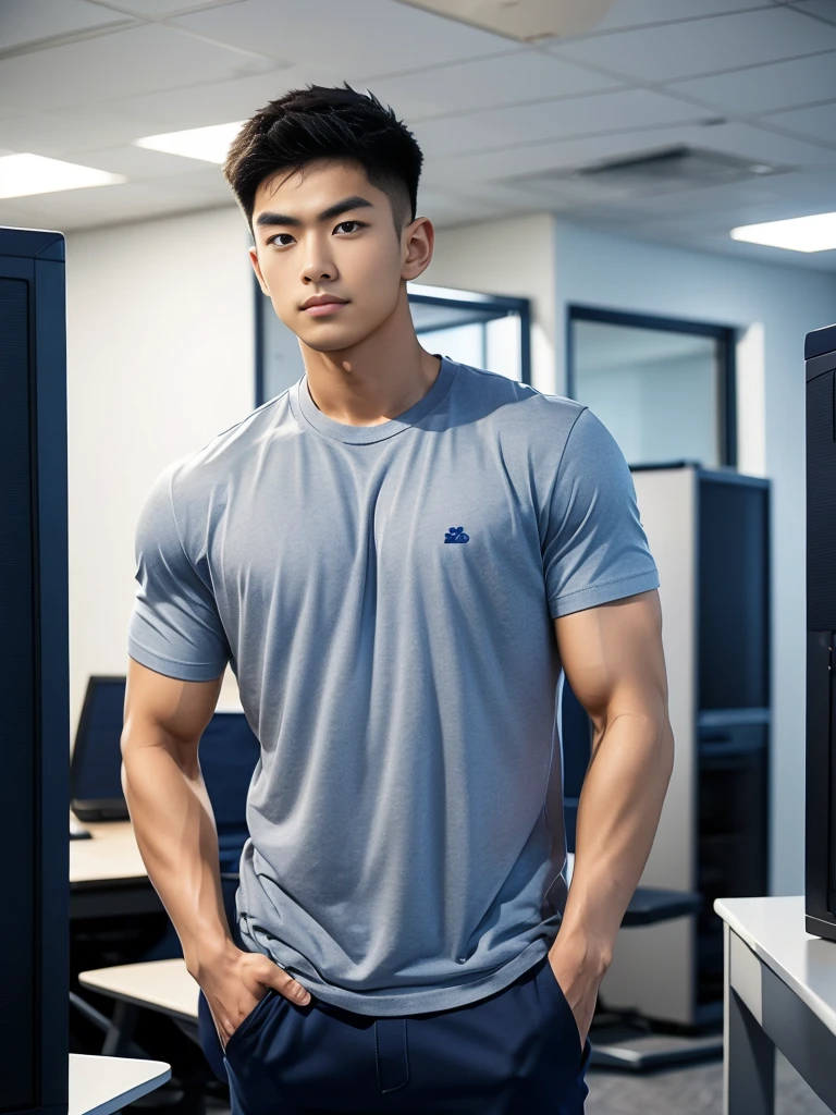 A young Asian man stands, handsome, muscular, looking at the camera. In a simple navy blue T-shirt., In the computer room