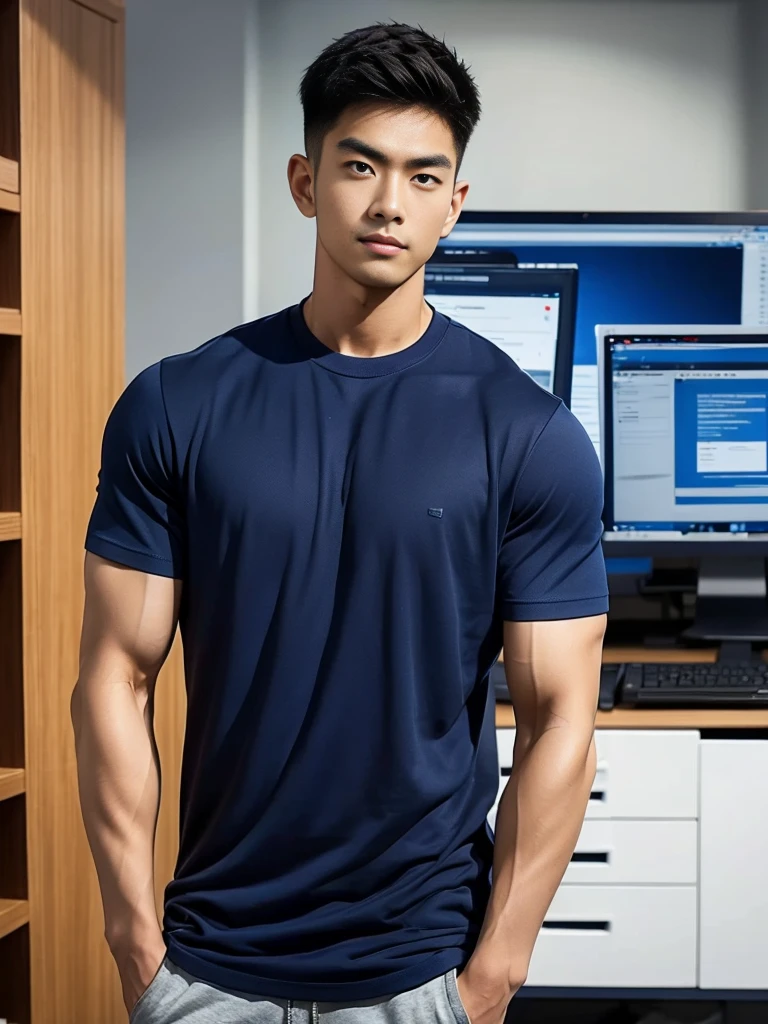 A young Asian man stands, handsome, muscular, looking at the camera. In a simple navy blue T-shirt., In the computer room