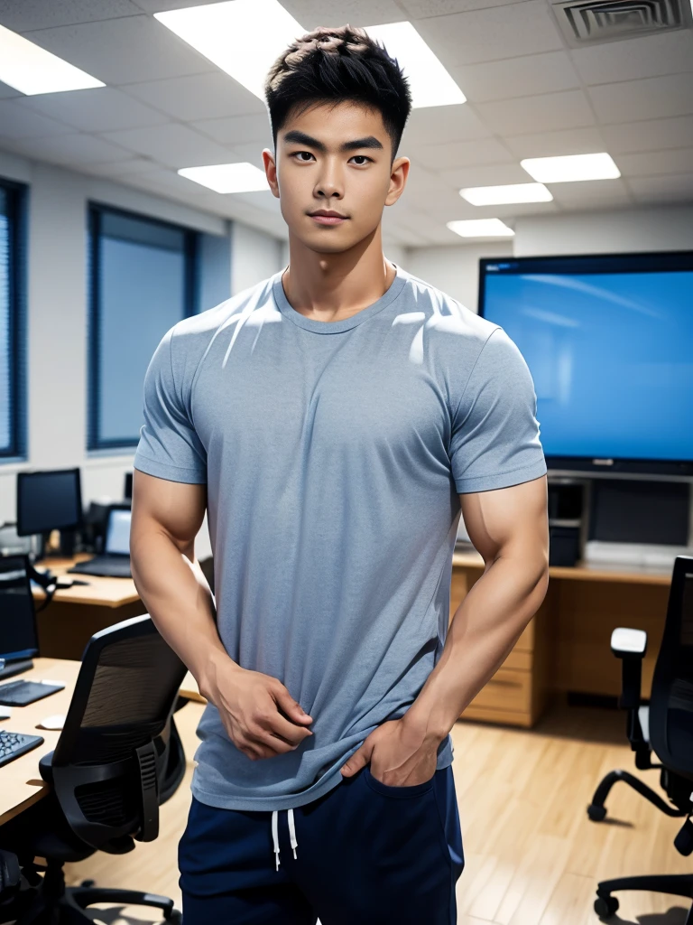 A young Asian man stands, handsome, muscular, looking at the camera. In a simple navy blue T-shirt., In the computer room