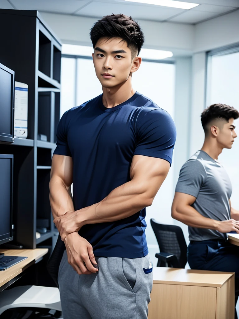 A young Asian man stands, handsome, muscular, looking at the camera. In a simple navy blue T-shirt., In the computer room