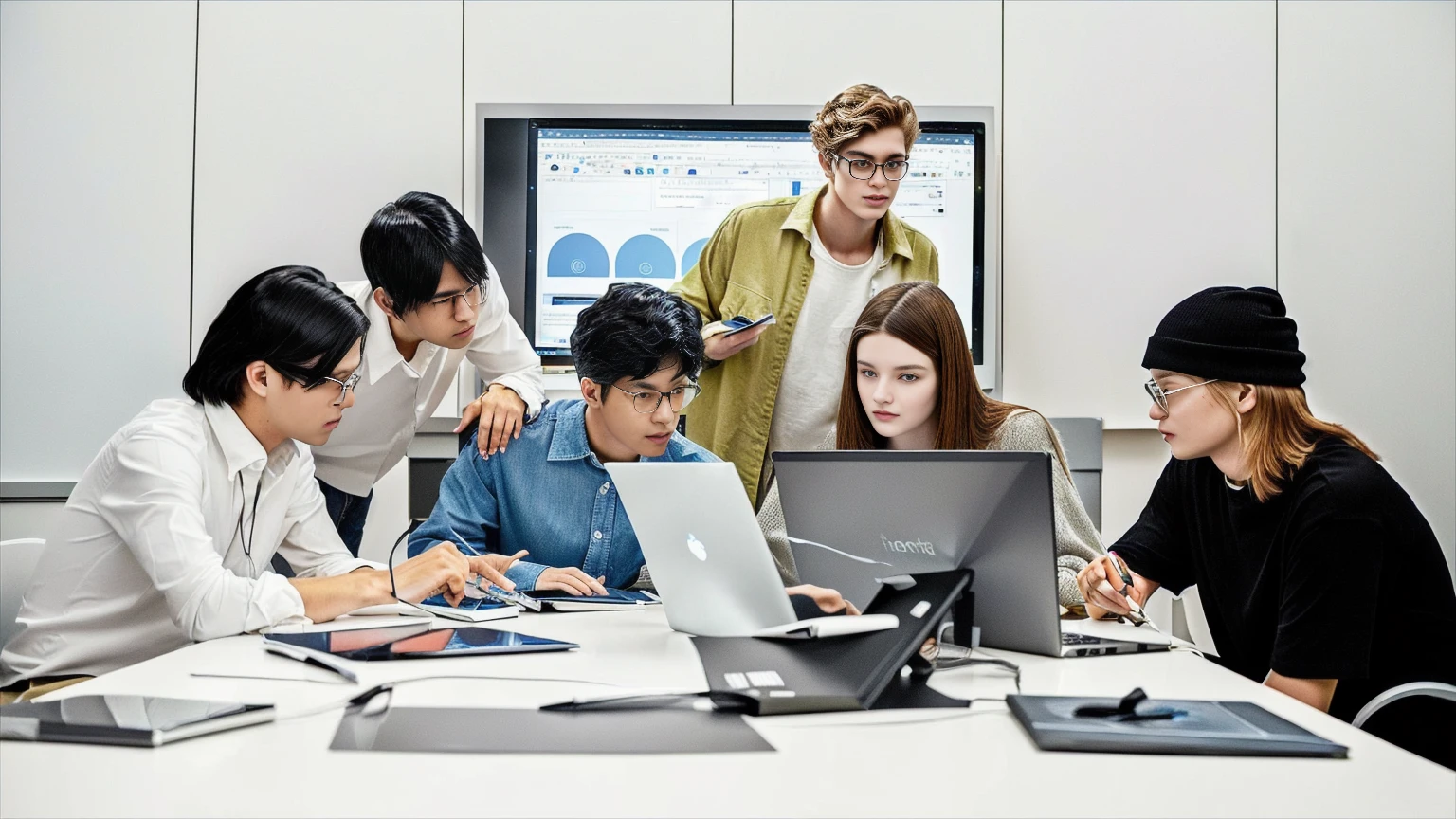 Several people sitting around the table,Holding a notebook, Reddit Post, advanced technology, integrating with technology, Highly concentrated, Digital Artwork, technology, Looking at the monitor, Study in a brightly lit room, digital artist, Looks cool, High-quality photos, The award-winning, The award-winning, Using laptop at desk, Interesting background, Digital Design