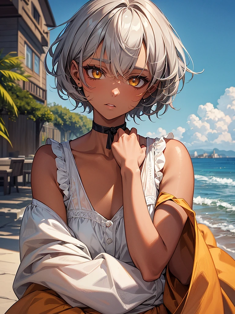 masterpiece, Highest quality, Perfect Face, Highest Resolution, Highest quality,Detailed depiction of the eyes, 1 girl, young, dark tan skin, slate gray hair, short hair, upturned eyes, Yellow Orange eyes, Perfect Anatomy, ribbon choker, Seaside house, 8k