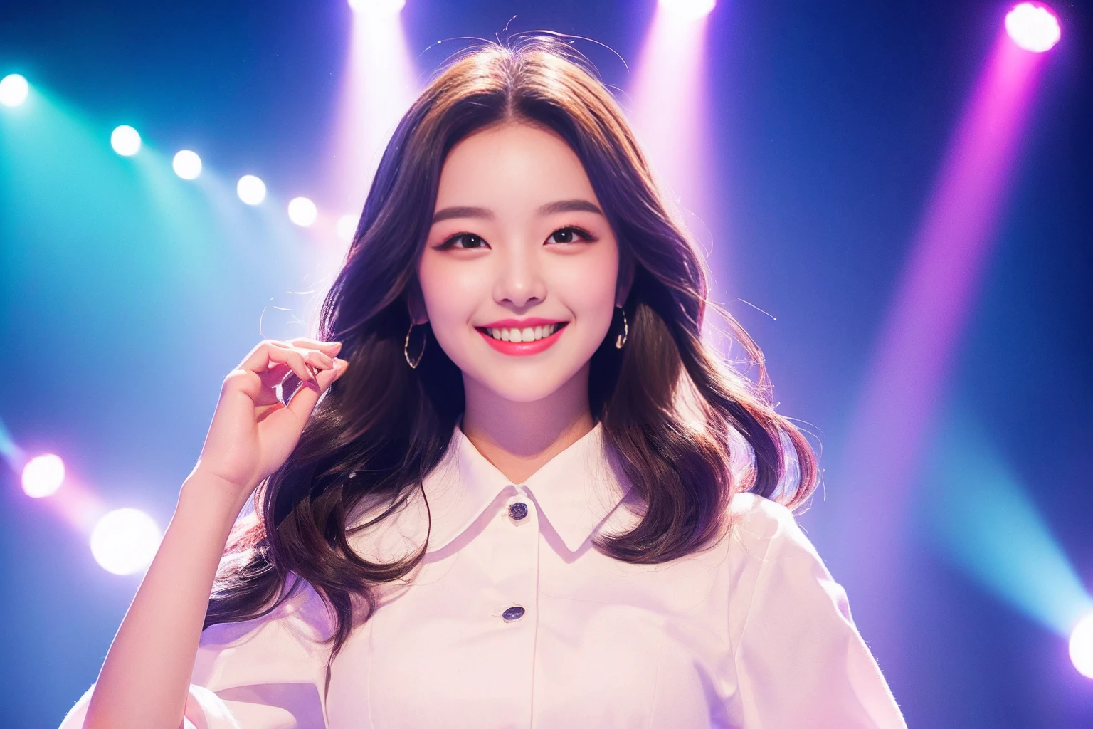 Highest quality masterpiece Ultimate Cute Idol Photo style Real Lots of spotlights colorful smile