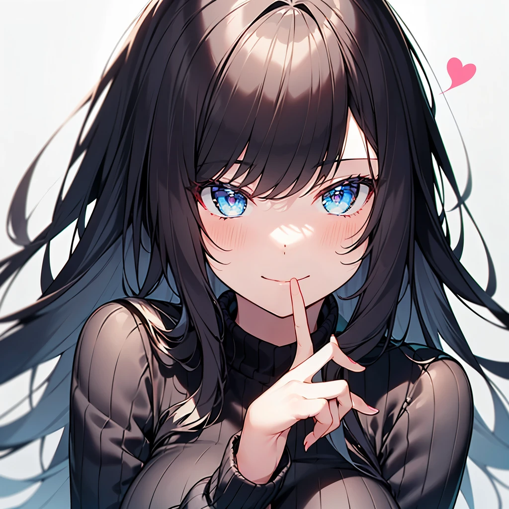 finger to mouth, ((masterpiece, best quality, ultra detailed face)) 1 girl, cute, beautiful, perfect fingers, smile, black hair, long hair, portrait, heart, white background, sweater, 