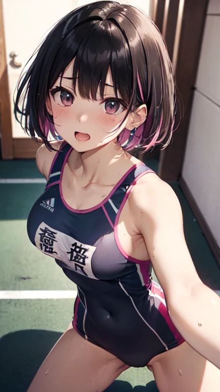 very cute and beautiful girl,(Very detailed美しい顔), (((Close-up shot of face、Please open your mouth wide、Sweating all over the body、Sweaty、look up、、Excited、attractive、orgasm、shortness of breath、Very humid、vapor))),blush,Black Hair,Seraphim,((short hair、Black Hair、Pink hair inside、Gal、Small breasts)),((Tracking & Track and field athlete uniforms)),((Reaching for the camera、Spread your legs、High Angle、Dynamic Angle、Local practice)), ((Small storage room in gym、Dim lighting、vapor、Haa、Expression of Limit)), (Highest quality,masterpiece:1.0),Absurd,High resolution,Very detailedな,Very detailed,32K,8k resolution, Intricate details,Movie Scenes,Detailed Background,alone,Dynamic Angle,