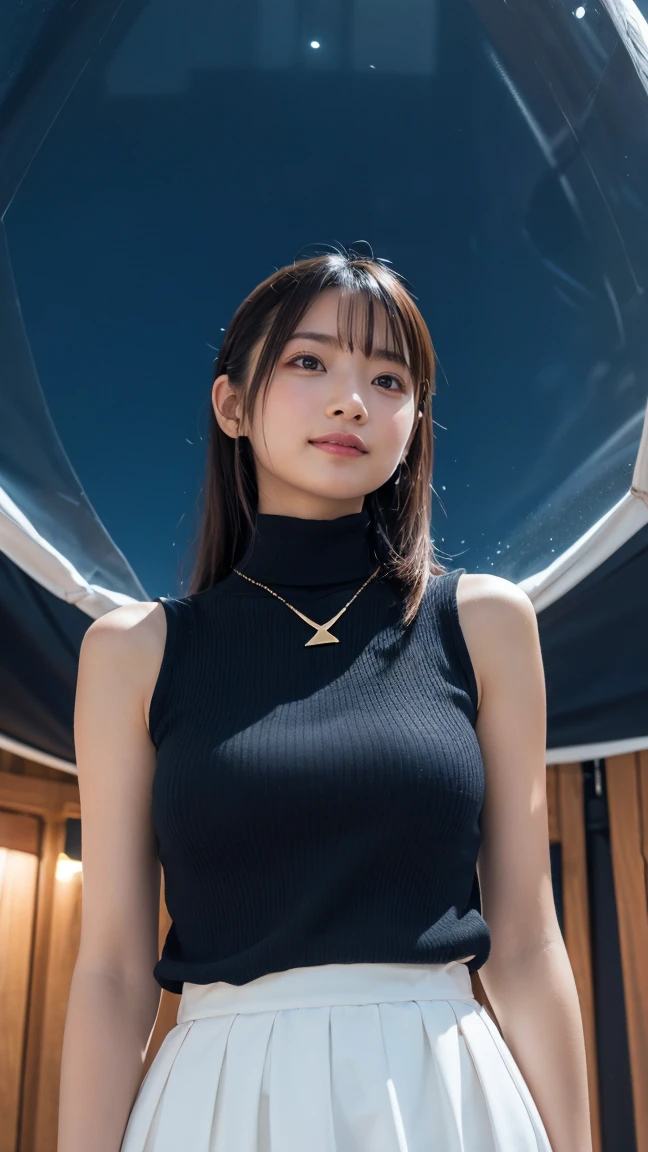 (((One girl:1.3))), ((23 years old:1.3)), (She is my daughter),
break
(Surprised Smile:1.2),
((Medium large breasts:1.3)), (Accentuated breasts:1.3, Movie chest, Shapely breasts:1.1, Perfect body),
break
(neat fashion:1.3), (white-theme:1.3), (High neck sleeveless sweater:1.3), ((Gold Necklace:1.2))
break
pleated skirt((color : green + Silver) high waist, (pattern : Plaid)):1.3),
break
(Standing leaning against the rail(color : white) wooden deck(Outdoor, open minded) Glamping Tent ((Gorgeous themes, Transparent Dome Tent, Great atmosphere, Great lighting, Transparent dome tent surrounded by nature)):1.3), ((Long Shot:1.5)), ((At night:1.7)),
break
((Her serious expression、Create a photo that conveys the feeling of a relaxed and happy moment.:1.3)),
break
(colorあせた写真:1.3), (Film Grain:1.3), Depth of written boundary, (Bokeh:1.1), (Light and shadow:1.4),
((Cowboy Shot:1.2)), ((From below:1.2)), ((Focus on her:1.2)),