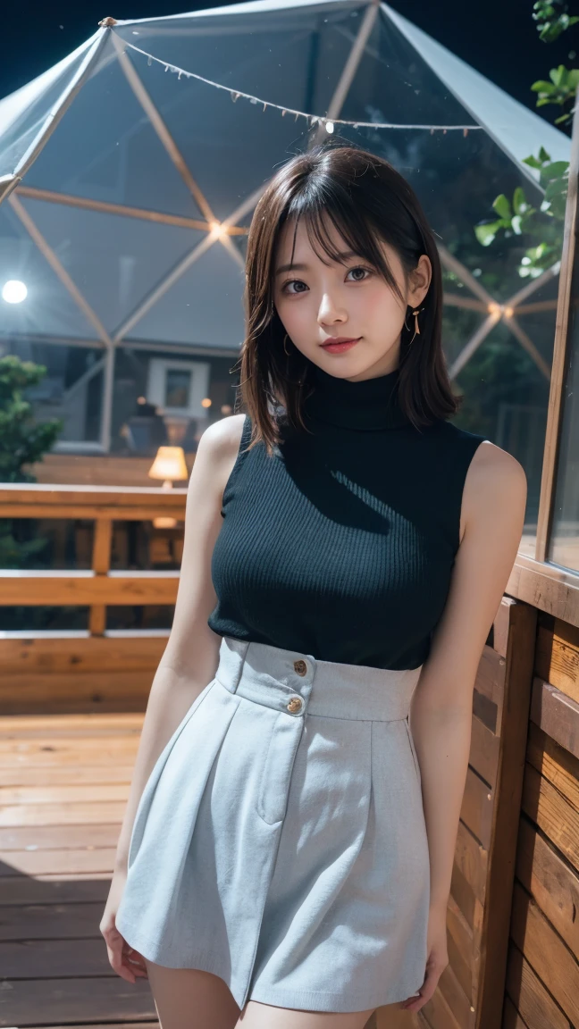 (((One girl:1.3))), ((23 years old:1.3)), (She is my daughter),
break
(Surprised Smile:1.2),
((Medium large breasts:1.3)), (Accentuated breasts:1.3, Movie chest, Shapely breasts:1.1, Perfect body),
break
(neat fashion:1.3), (white-theme:1.3), (High neck sleeveless sweater:1.3), ((Gold Necklace:1.2))
break
pleated skirt((color : green + Silver) high waist, (pattern : Plaid)):1.3),
break
(Standing leaning against the rail(color : white) wooden deck(Outdoor, open minded) Glamping Tent ((Gorgeous themes, Transparent Dome Tent, Great atmosphere, Great lighting, Transparent dome tent surrounded by nature)):1.3), ((Long Shot:1.5)), ((At night:1.7)),
break
((Her serious expression、Create a photo that conveys the feeling of a relaxed and happy moment.:1.3)),
break
(colorあせた写真:1.3), (Film Grain:1.3), Depth of written boundary, (Bokeh:1.1), (Light and shadow:1.4),
((Cowboy Shot:1.2)), ((From below:1.2)), ((Focus on her:1.2)),
