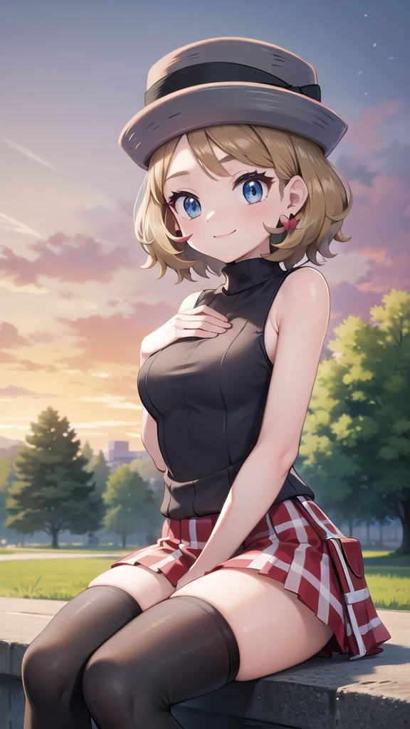 Masterpiece, perfect lighting, (beautiful, Best quality: 1.3), Perfect eyes, perfect anatomy, absurd, 8k, ccserena, solo, short hair, smile, in loved, (gray hats: 1.2), earrings, eyelashes, blue eyes, gray sweater, vest , sleeveless turtleneck, bare arms, plaid skirt, red skirt, thigh highs, black stockings, sitting, in the park at sunset