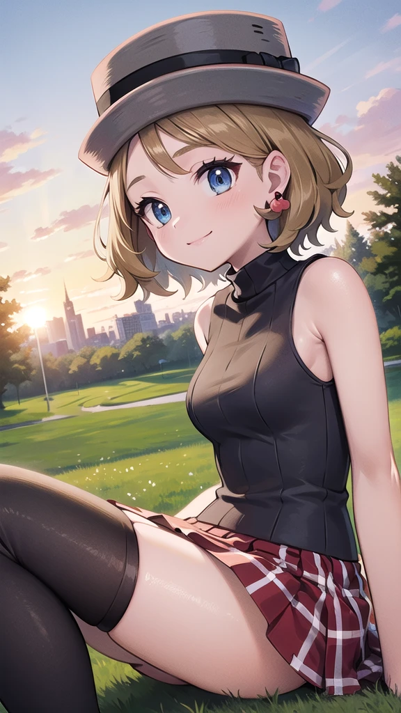 Masterpiece, perfect lighting, (beautiful, Best quality: 1.3), Perfect eyes, perfect anatomy, absurd, 8k, ccserena, solo, short hair, smile, in loved, (gray hats: 1.2), earrings, eyelashes, blue eyes, gray sweater, vest , sleeveless turtleneck, bare arms, plaid skirt, red skirt, thigh highs, black stockings, sitting, in the park at sunset