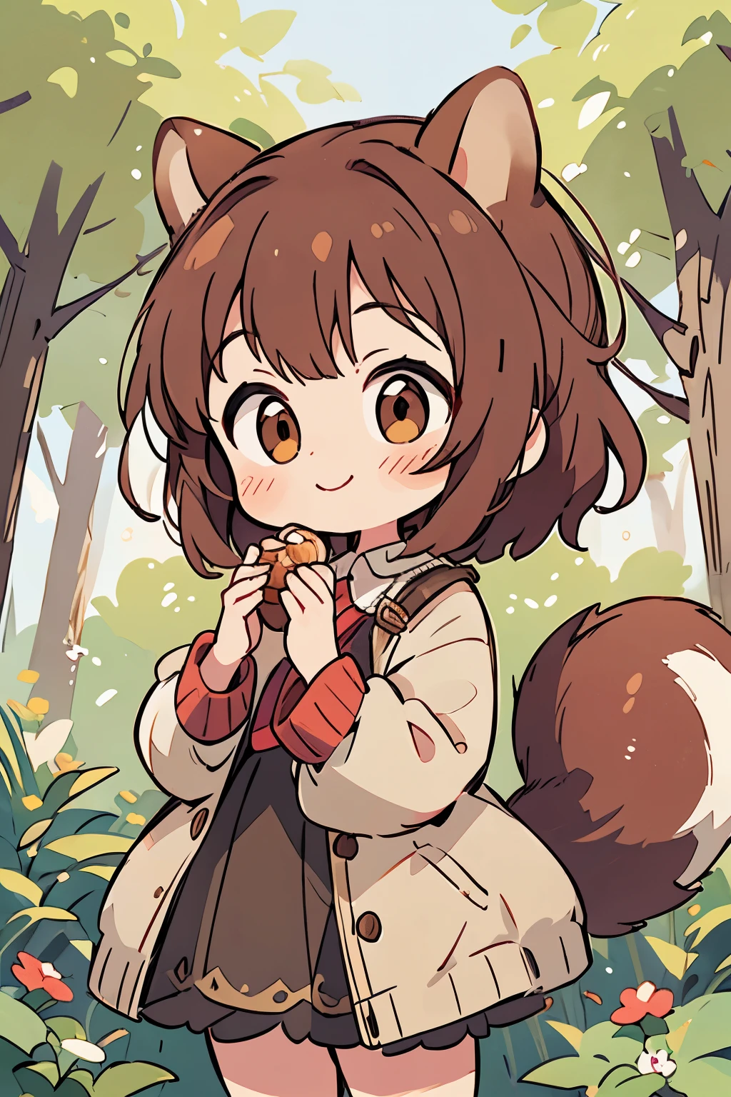 ((Highest quality)), ((masterpiece)), (detailed), Perfect Face, Perfect Arms, Perfect hands, Perfect Fingers, anime, Ultra-fine illustration, ((1 person)), chibi, (Squirrel Girl), Brown Hair, Mischievous, (Nuts), eat, forest, Outdoor, (Smile:1.3), Upper Body Shot,