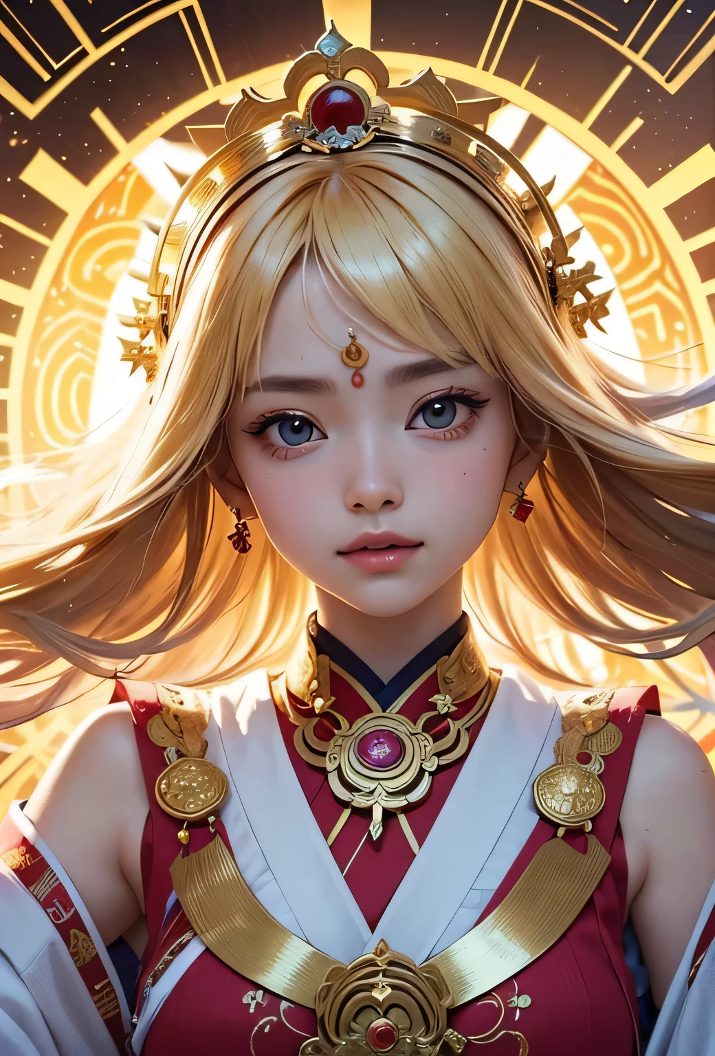 "Child of the Sun, Goddess of Love": Within a sacred sanctuary bathed in sunlight, depict the figure of a sun goddess who governs love, facing forward and emanating divine radiance. She is a , around . Zoom in to focus on her face, with a gleaming orb of light in her hands, representing the life-giving power of the sun. Her hair is shimmering gold, and she is wearing a traditional miko outfit as seen in Japanese shrines. The background should be predominantly gold, evoking a sense of divine splendor, with numerous heart-themed objects expressing the beauty of love. The setting is in heaven, enveloped in soft, bright light, where one can find tranquility and peace of mind, free from any trace of anxiety.Straight-on.