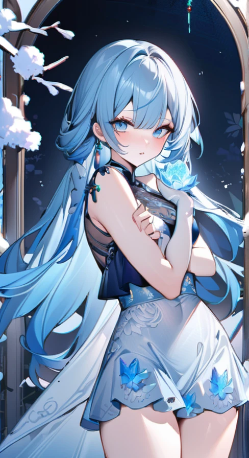 Ultimate Douluo Bai Xiuxiu，Goddess of Ice，Snow blue lace hollow，Ice blue lace skirt，Navy Blue Lace Bodycon Top，Ice blue hair，Exquisite beauty，blush