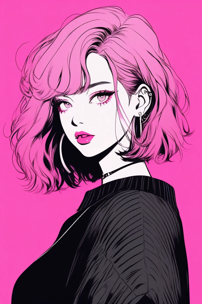 (best quality, sketch:1.2),realistic,illustrator,anime,1 girl, detailed lips,sweater,custom,pink gradient background,neon hair,textured cropping, masterpiece, style retro classic, noir dark