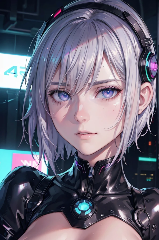 cyberpunk, latex, silver hair, short hair, silver eyes,  girl, big breasts, (best quality,4k,8k,highres,masterpiece:1.2),ultra-detailed,(realistic,photorealistic,photo-realistic:1.37),intricate details, cinematic lighting, highly detailed face, extremely detailed eyes and face, beautiful detailed eyes, beautiful detailed lips, longeyelashes, dramatic pose, dynamic action, neon lights, futuristic city, advanced technology, glowing highlights, vivid colors