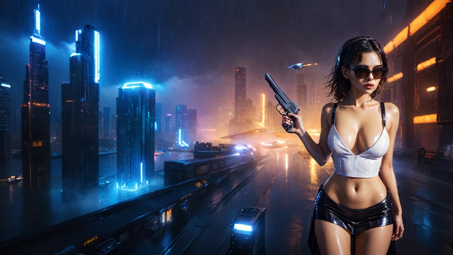 (((aerial view))), (flying cars docking platform), Blade Runner style futuristic railway platform, neon lights, rainy night. (1girl, solo, alone), large-breast:1.2 slim body, cleavage:1.1, sexy wind blowing wet dress:1.4, headphone, (black sunglasses), (((she raised a pistol:1.8 and shot:1.8 the viewer))), dynamic pose, (((half-body thigh level medium shot))), cinematic lighting, lens flare, ray tracing, zoom-in blurred:1.4 background.